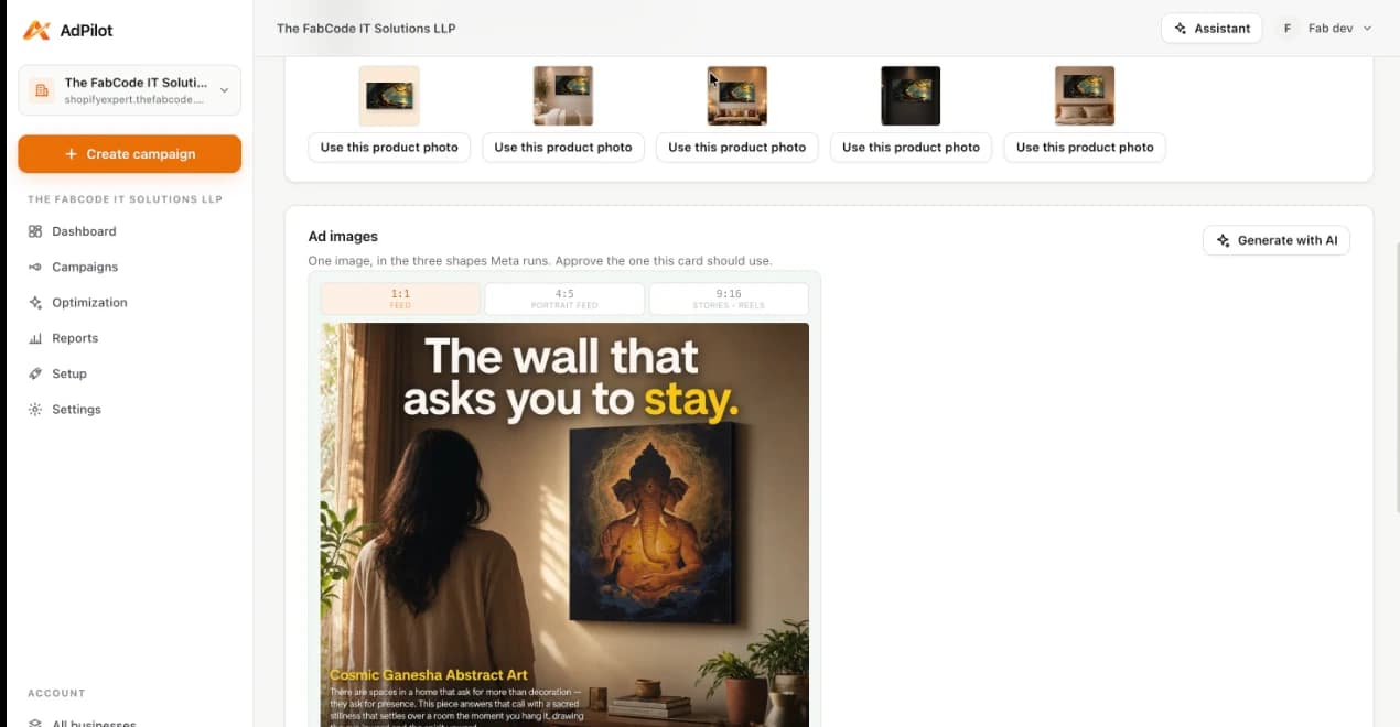 Ad images for a Meta carousel card: product photos to choose from and a generated image in the 1:1, 4:5 and 9:16 shapes Meta runs.