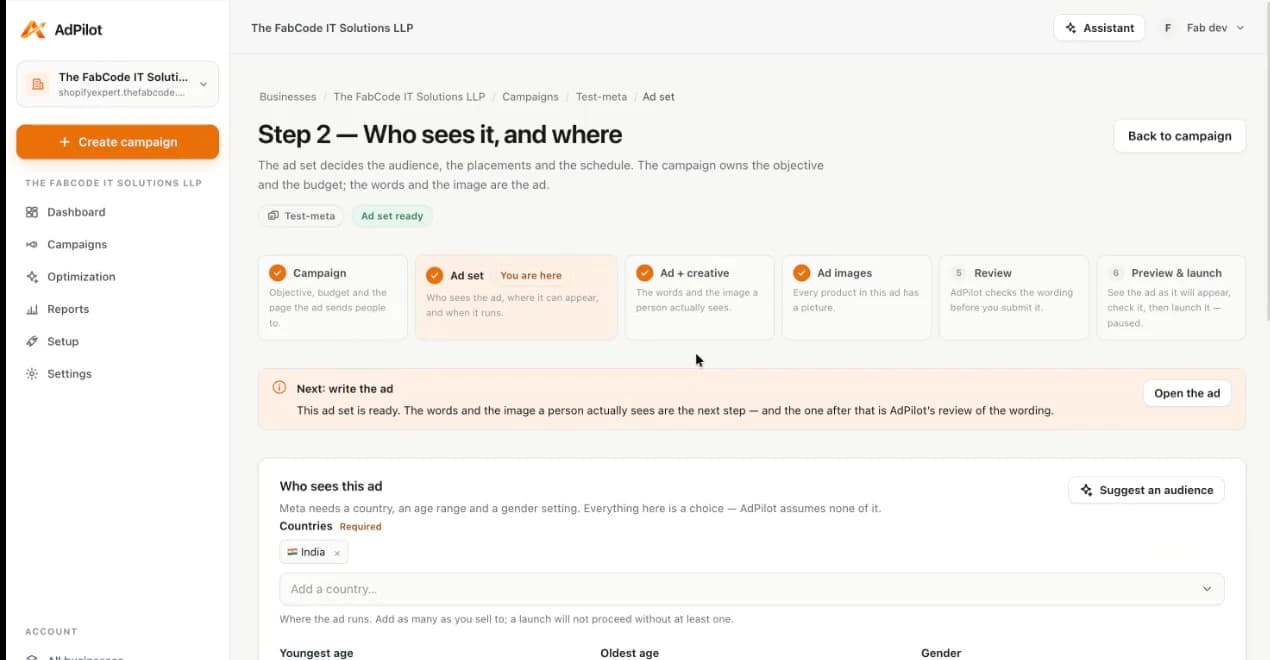 Step 2 of the Meta flow: who sees the ad — countries, ages and gender — with a suggested audience.