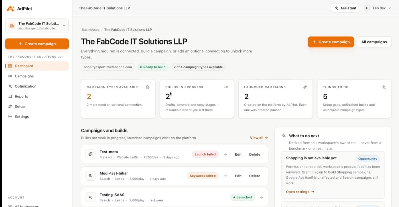 The workspace dashboard: campaigns and builds, and a What to do next list derived from the workspace's own state.