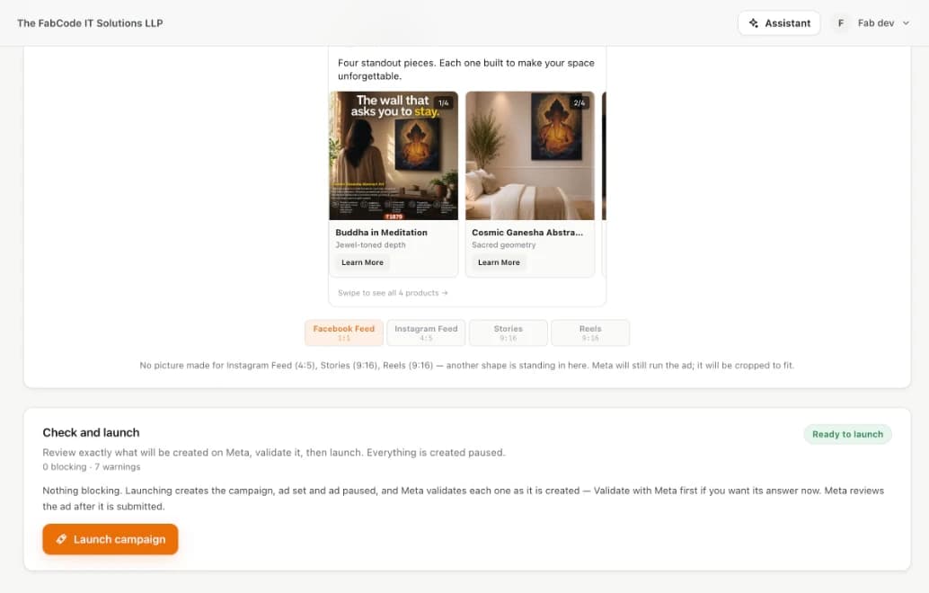 Preview and launch: a carousel ad previewed in Facebook Feed, with the Check and launch panel reading Ready to launch.
